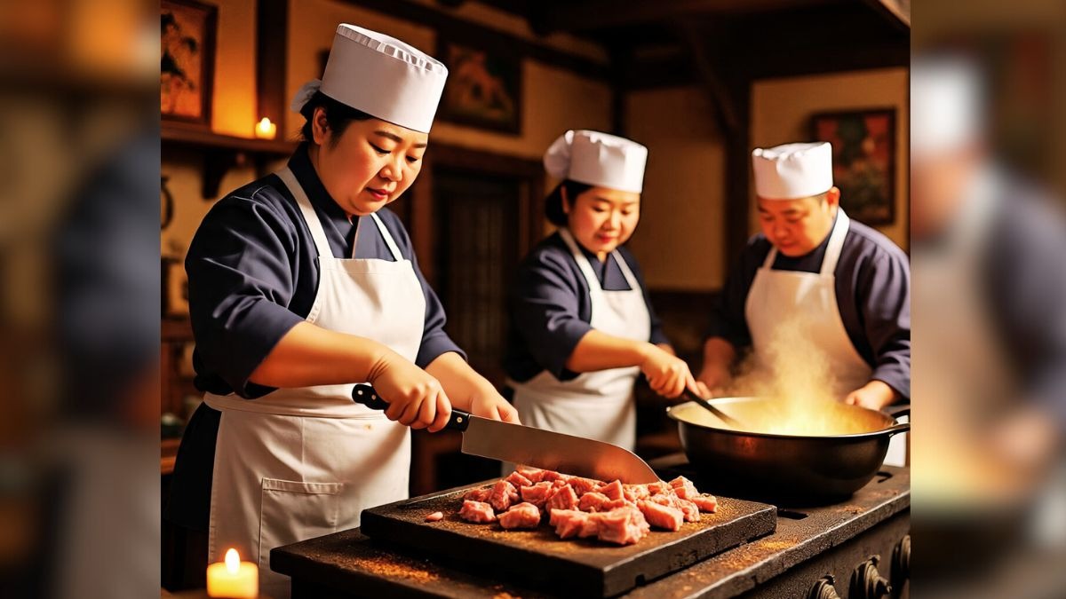  Korean  Chefs chopping and cooking meat 
