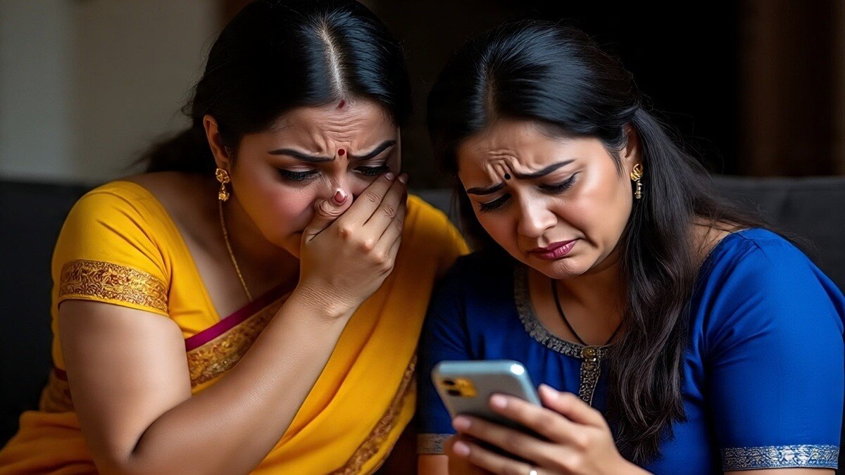 two women looking at the mobile