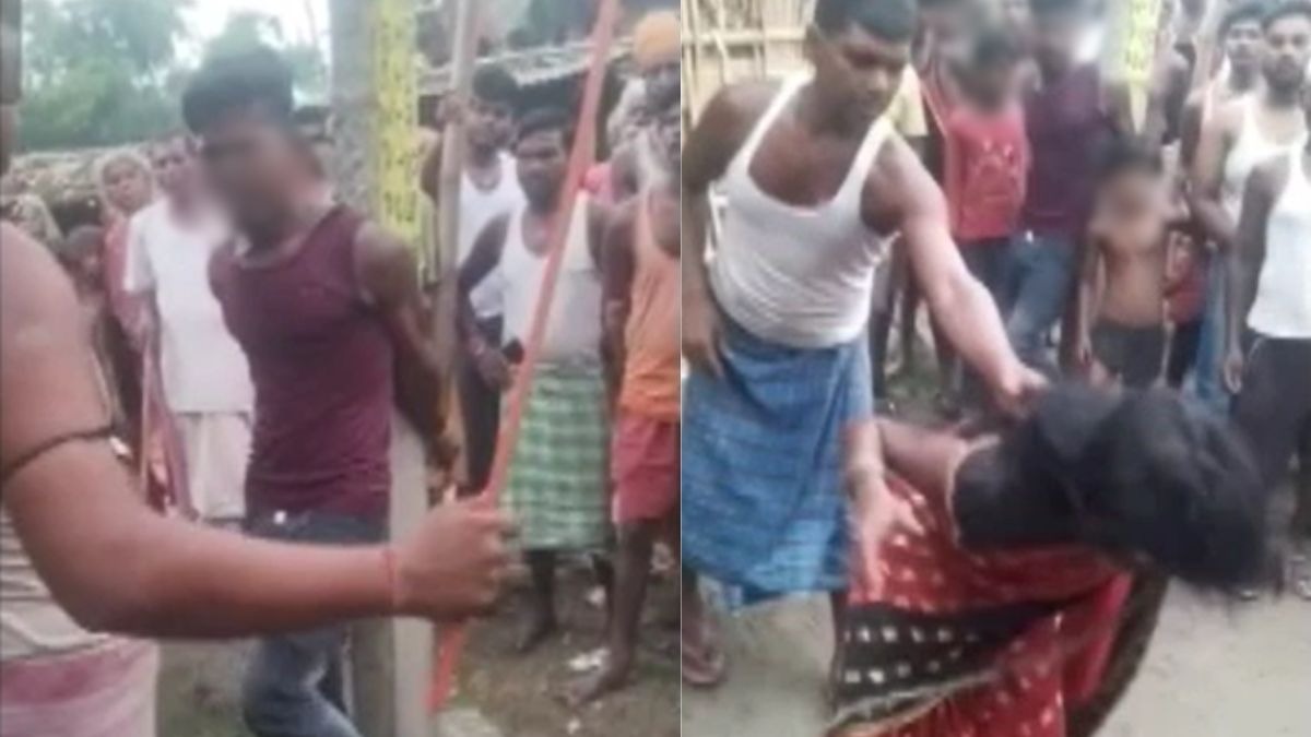 प्रेमी-प्रेमिका को पोल से बांधकर पीटा. (Photo: Screengrab)