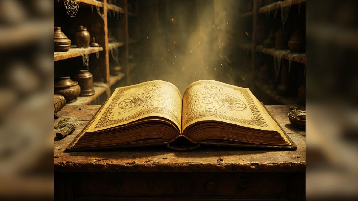 antique open book on table in old closet