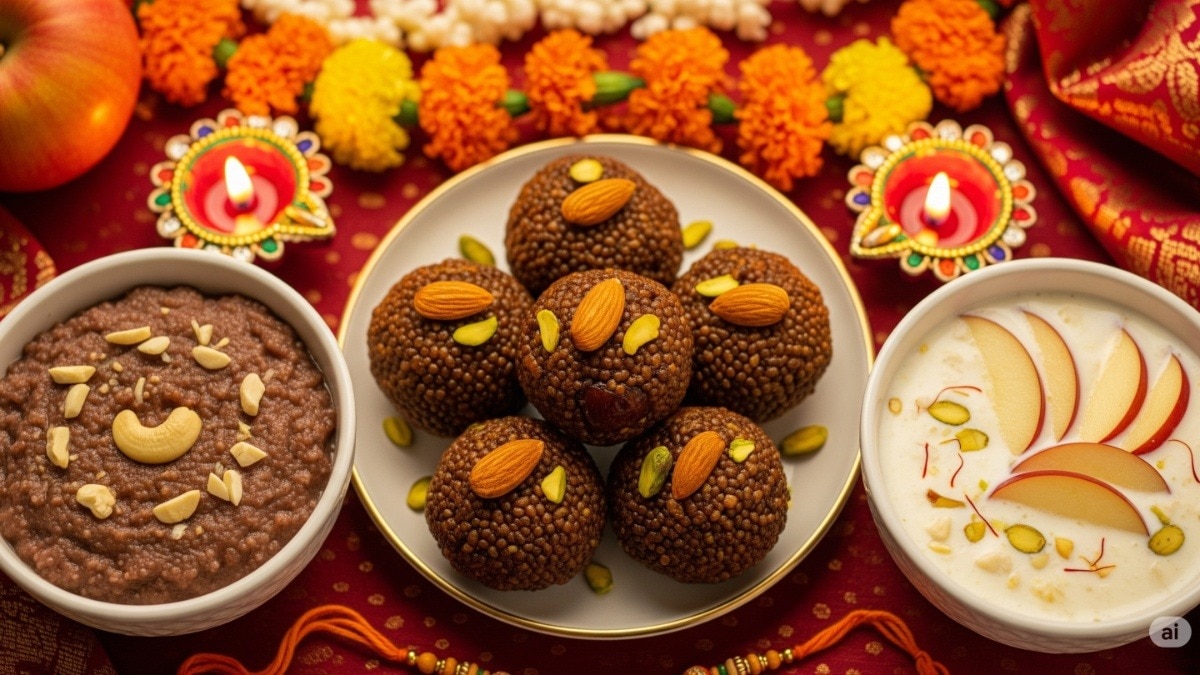 रक्षाबंधन पर घर पर बनाएं आसान और हेल्दी मिठाइयां (Photo: AI Generated)