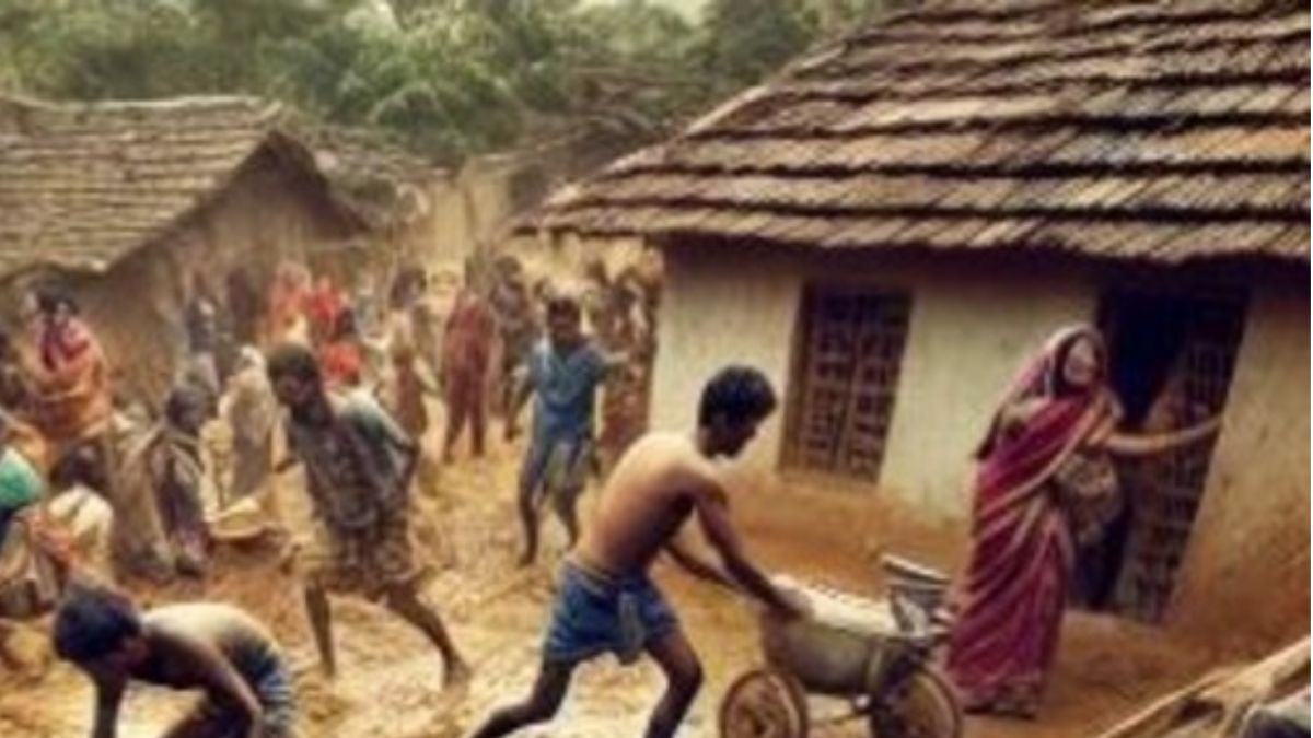 बारिश के बीच गिरा कच्चा मकान. (Photo: AI-generated)