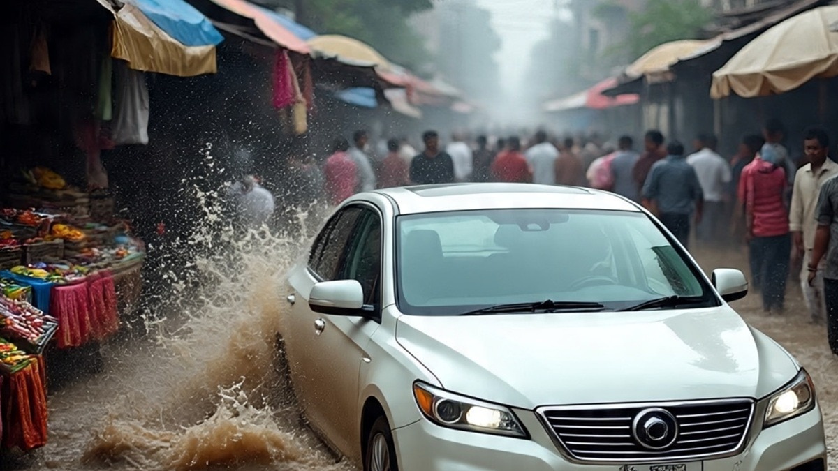 car submerged in water logged road