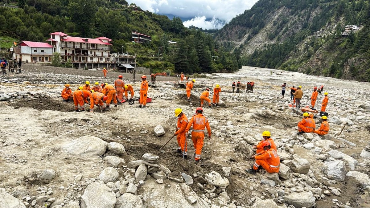 NDRF personnel during the removal of debris at disaster-hit Dharali area