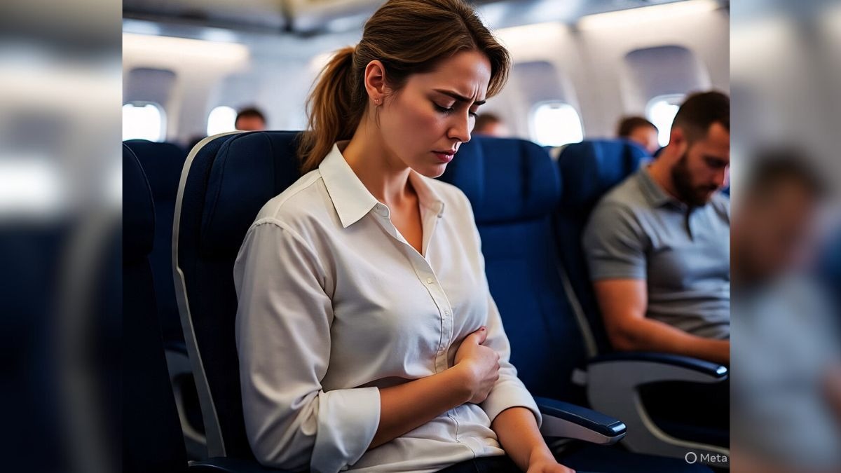 woman sat holding her stomach during flight