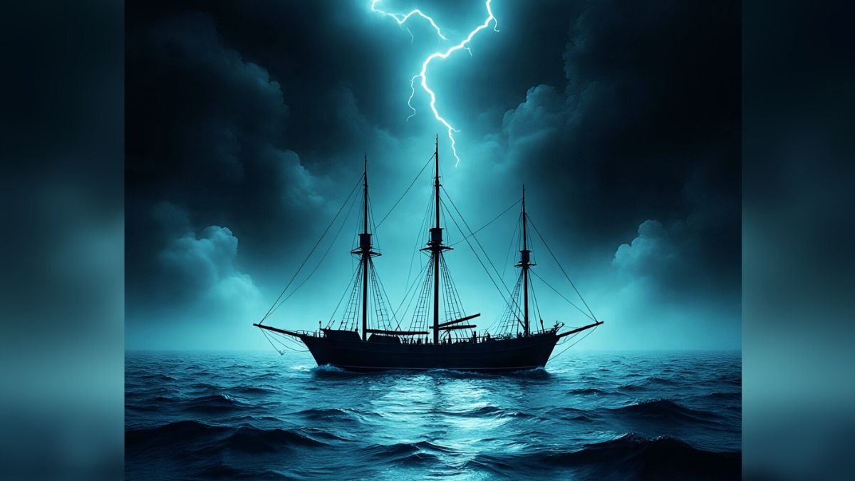Lightning over boat at sea
