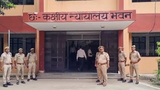 हरदोई में न्यायालय परिसर से आर्म्स एक्ट के आरोपी के भागने के बाद पहुंची पुलिस (Photo: Screengrab)
