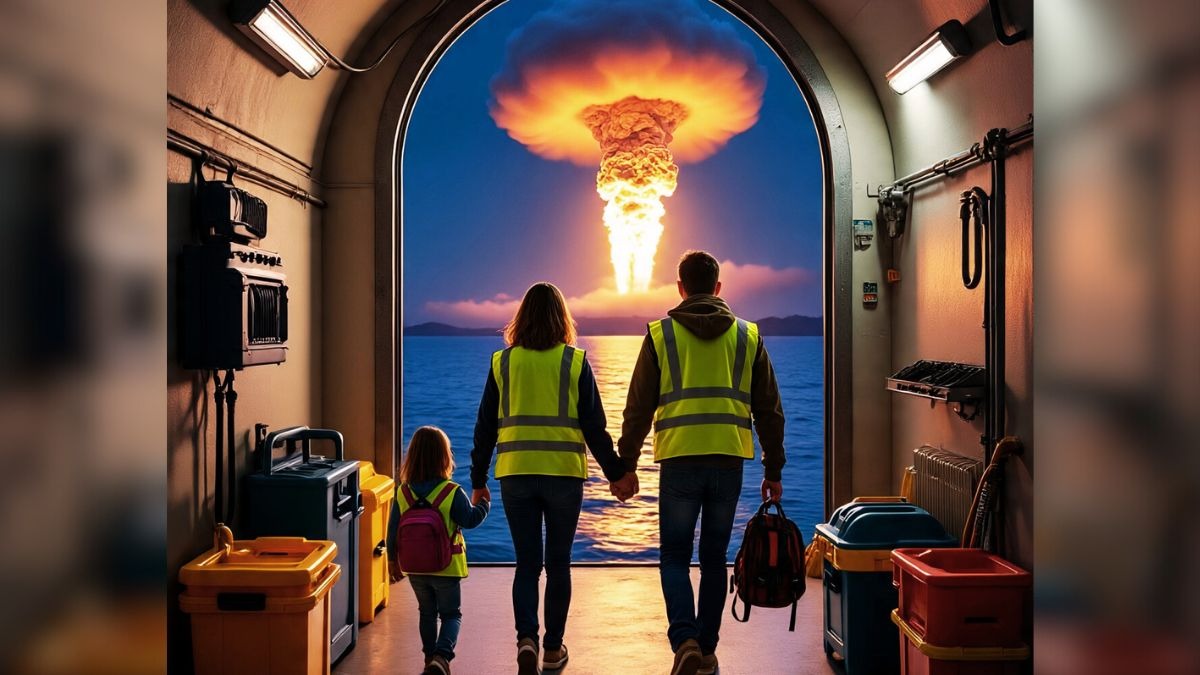 man, woman and kid on ship bunker watching nuclear explosion