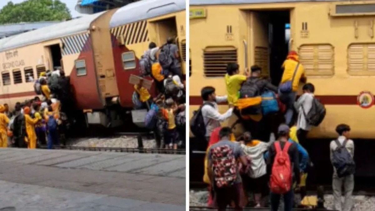 रेन के गेट पर खचाखच भीड़ का वीडियो वायरल Photos: r/indianrailways)