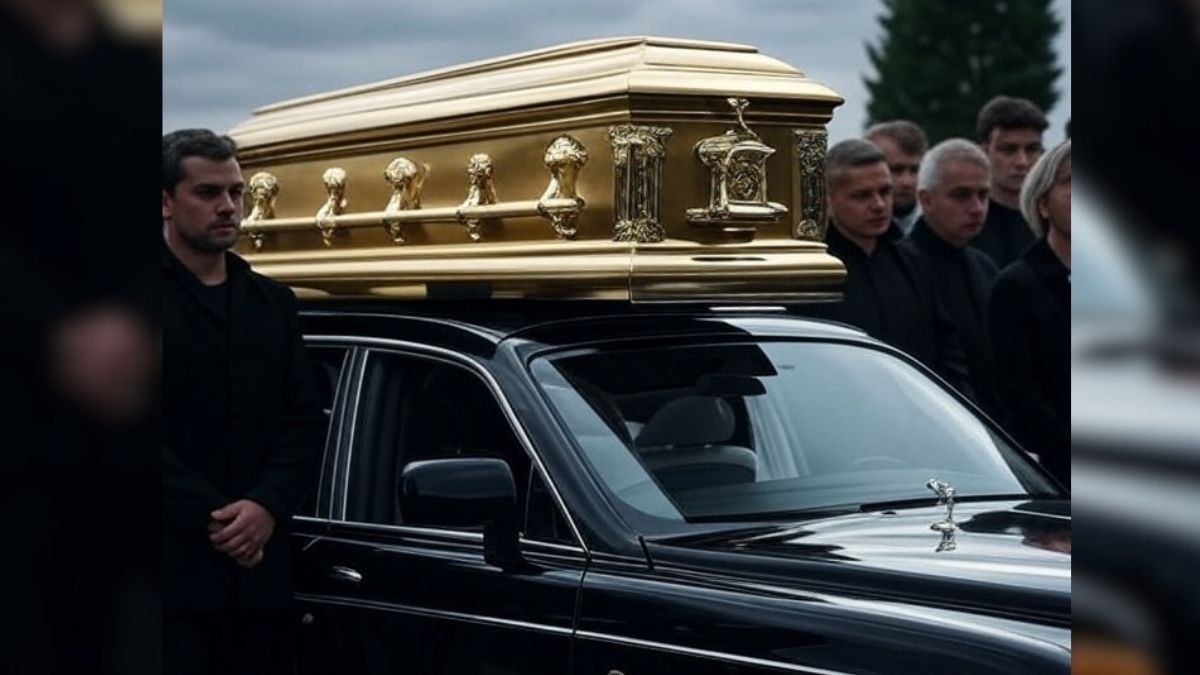 funeral procession with Gold coffin on Rolls Royce