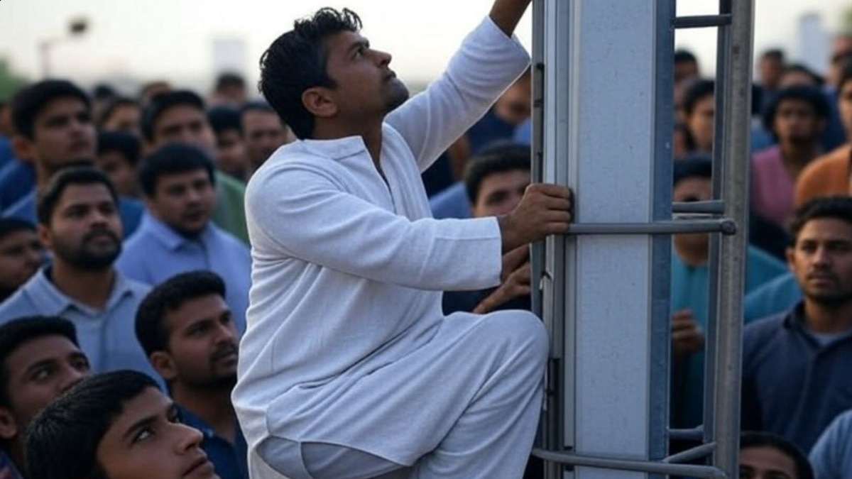 man climbs mobile tower sholay film style