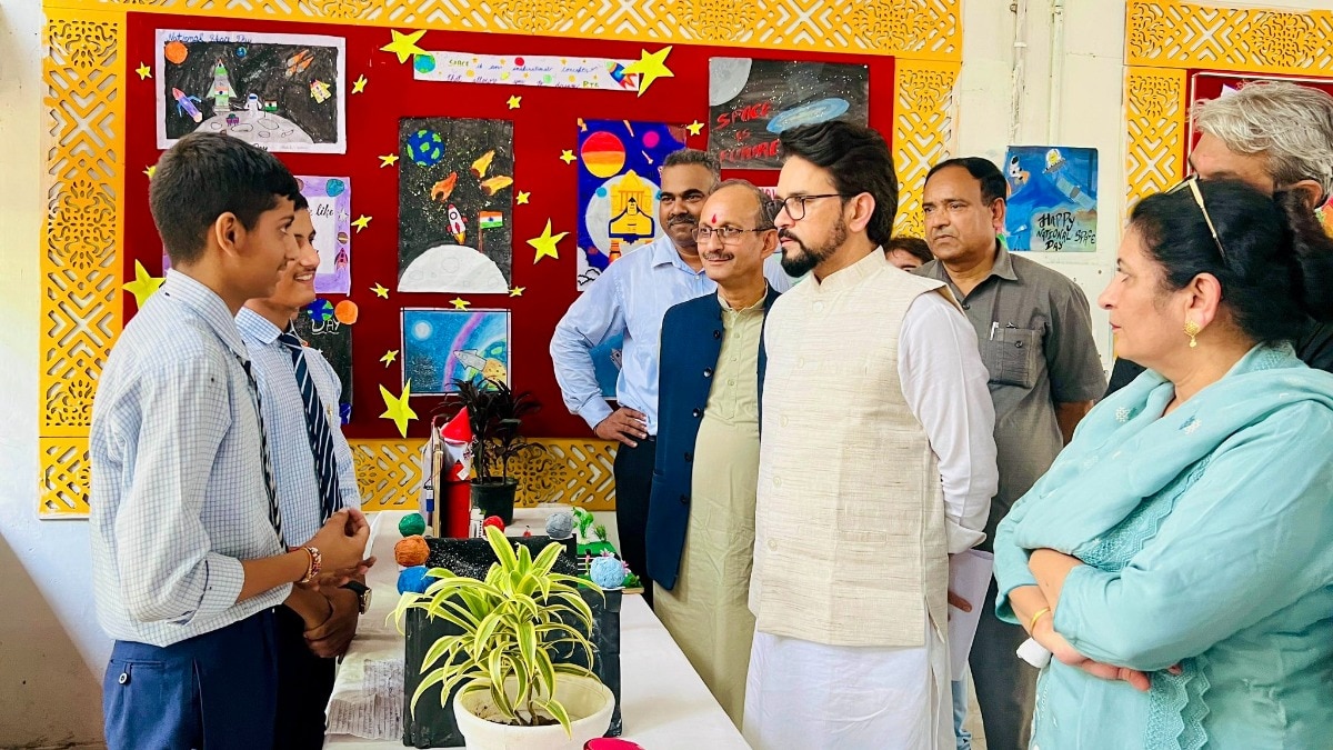 BJP MP Anurag Thakur interacted with students during an exhibition at PM Shri Jawahar Navodaya Vidyalaya, Pekhubela, in Una on the occasion of National Space Day (August 23). (Image: X/IAnuragThakur)