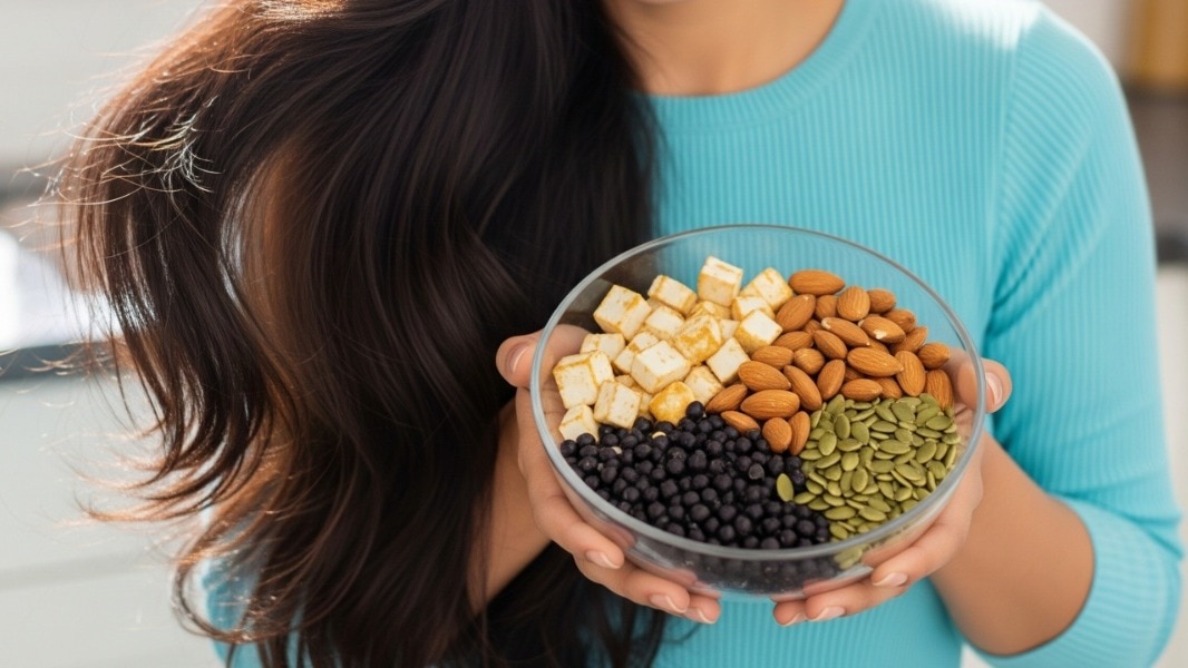 हेयर फॉल रोकने के लिए प्रोटीन फूड्स खाएं (Photo: AI-generated)