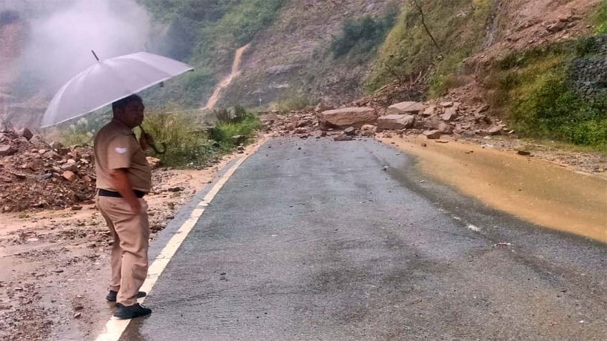 Road blocked by debris after heavy rainfall, in Rudraprayag district, Uttarakhand. (Photo-PTI)
