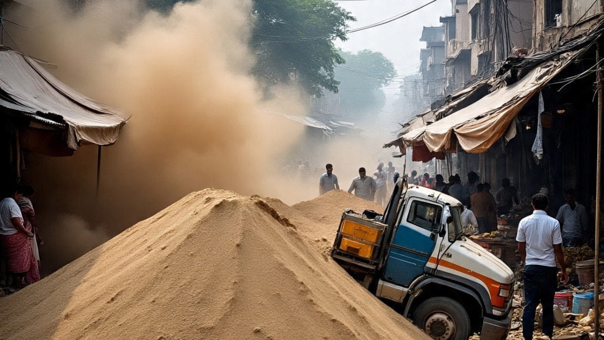बालू से लदा ट्रक घर पर पलटा. (Photo: AI-generated)