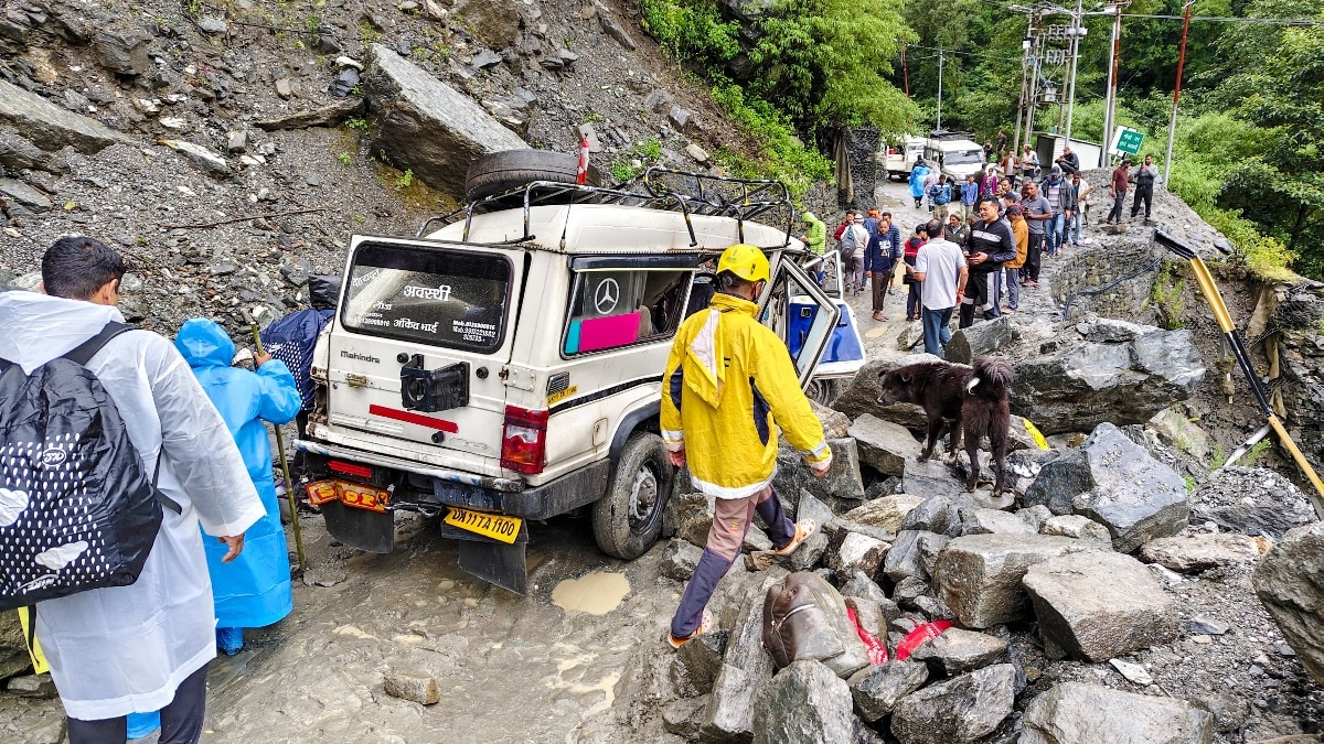 Rudraprayag: Wrecked remains of a vehicle that came under the impact of stones falling from the hill above, on the route to Kedarnath Dham, in Rudraprayag, Monday, Sep. 01, 2025. Two died and three were injured in the incident. (PTI Photo)