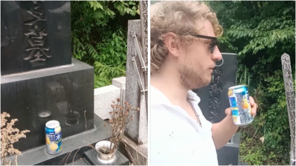 जापान घूमने गया टूरिस्ट कब्र पर रखी बीयर उठाकर पी गया (Photo - Instagram/@lochie__jones)पी