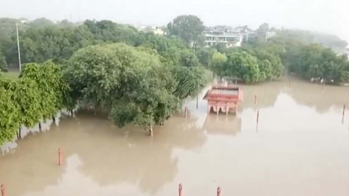 Drone visuals of Yamuna River is flowing above the danger level (Video Grab-PTI)