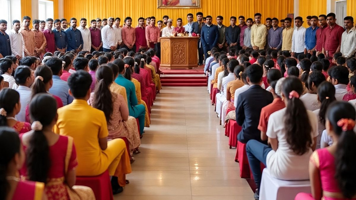 सामूहिक विवाह के रजिस्ट्रेशन में भारी संख्या में आए लड़के. (Photo: AI-generated)