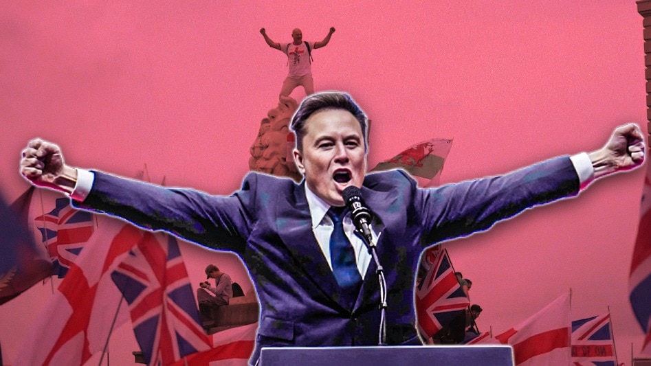 लंदन में दक्षिणपंथियों ने अप्रवासियों के खिलाफ प्रदर्शन किया, जिसमें एलॉन मस्क वर्चुअली शामिल हुए. (Photo- ITG)