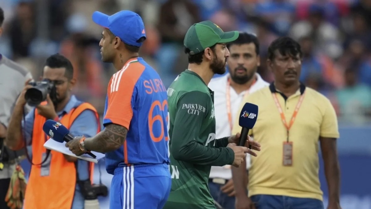 First-time Asia Cup captains Suryakumar Yadav and Salman Agha at the toss