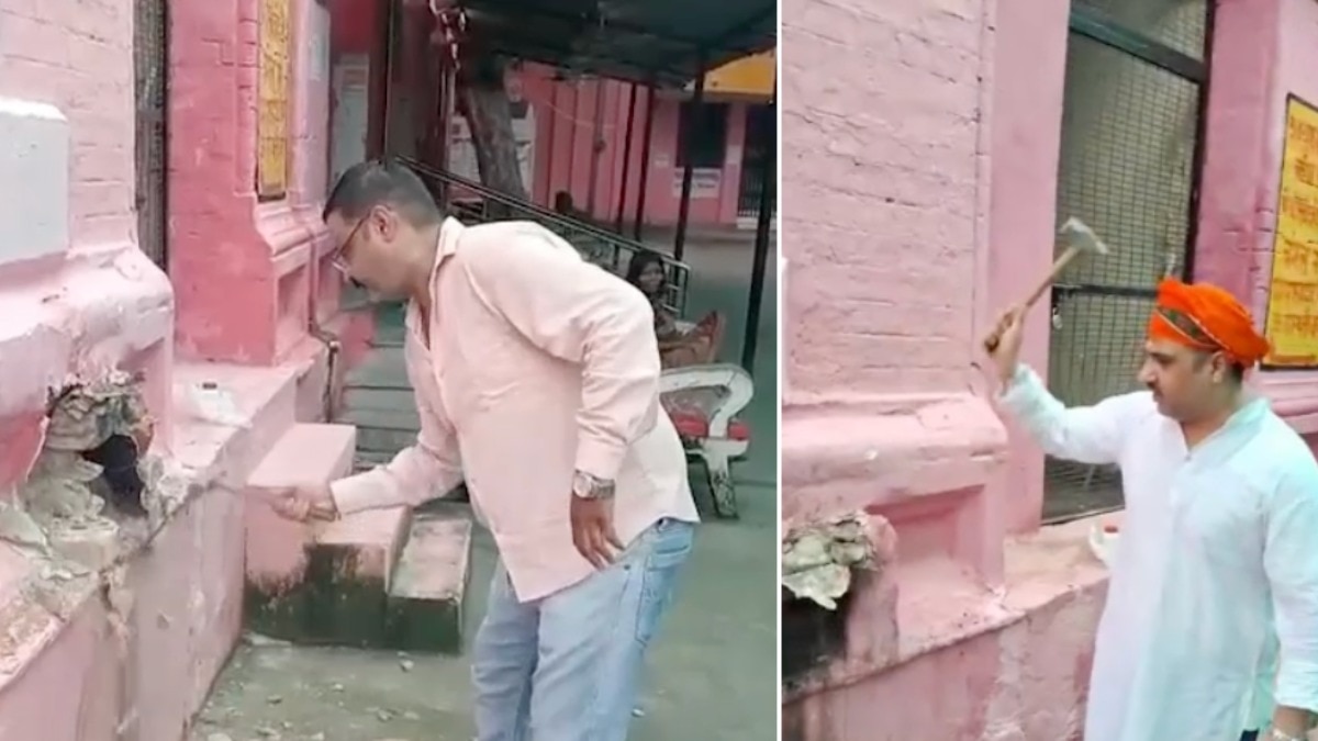 वाराणसी महिला अस्पताल के एक स्ट्रक्चर को हिंदूवादी संगठन के सदस्यों ने तोड़ा (Photo: Roushan Kumar/ITG)