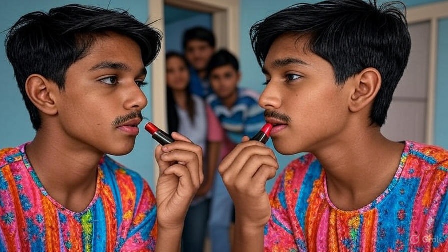 Boy Using Lipstic