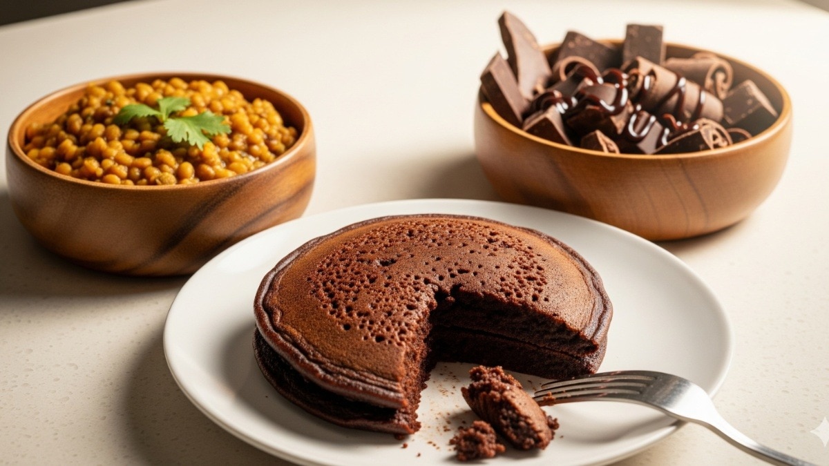 मूंगदाल चॉकलेट पैनकेक ना केवल हेल्दी होता है, बल्कि आपकी शुगर क्रेविंग को भी शांत करता है. (Photo: AI Generated)