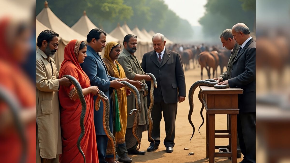 people queue up to present dead snakes to British officials