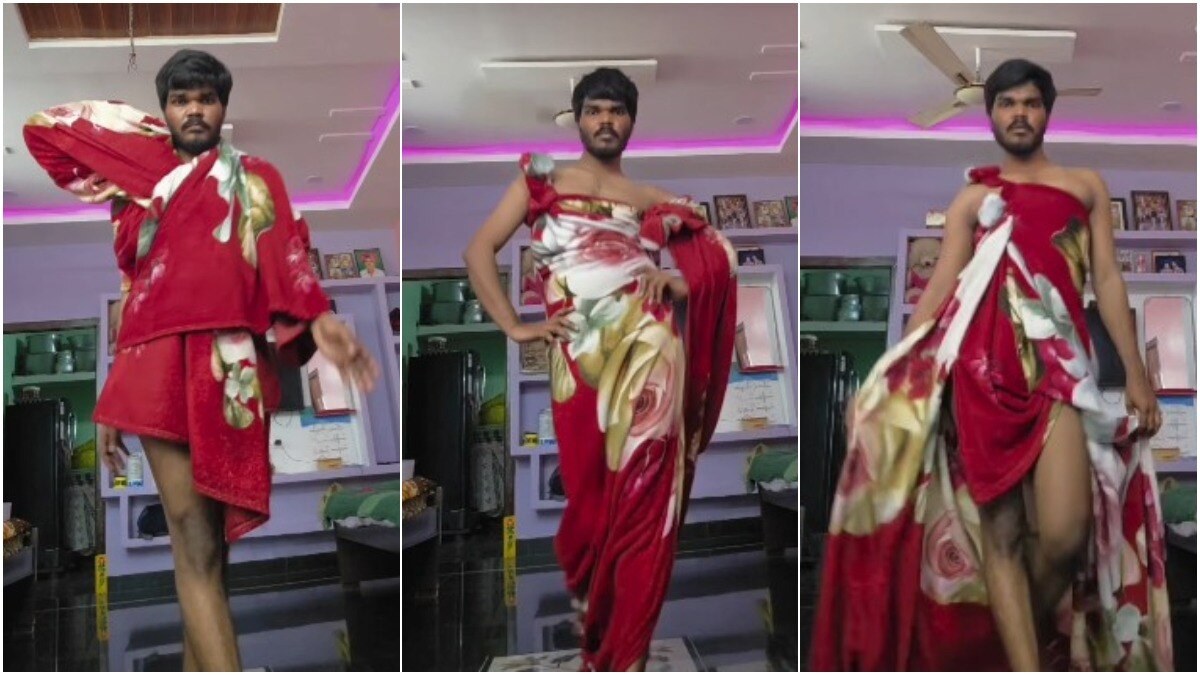 थारुन अपने पेज पर अक्सर ऐसे ही हटके आउटफिट्स में वीडियोज बनाते रहते हैं.(Photo:insta/tik_toker_tharun_nayak)
