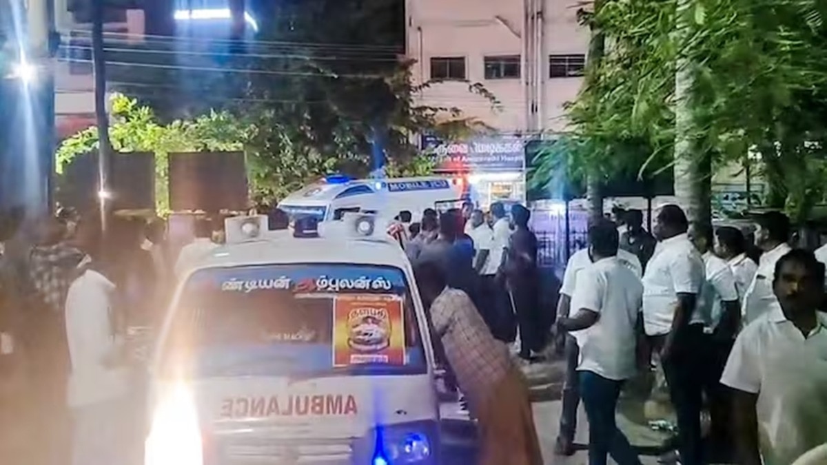 Victims were rushed to hospital in ambulances after a stampede broke out during TVK chief Vijay's rally in Karur