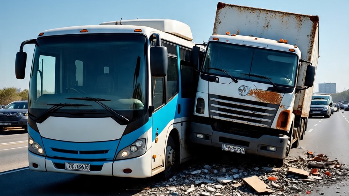 बस और ट्रक की टक्कर में 3 लोगों की मौत. (Photo: AI-generated) 