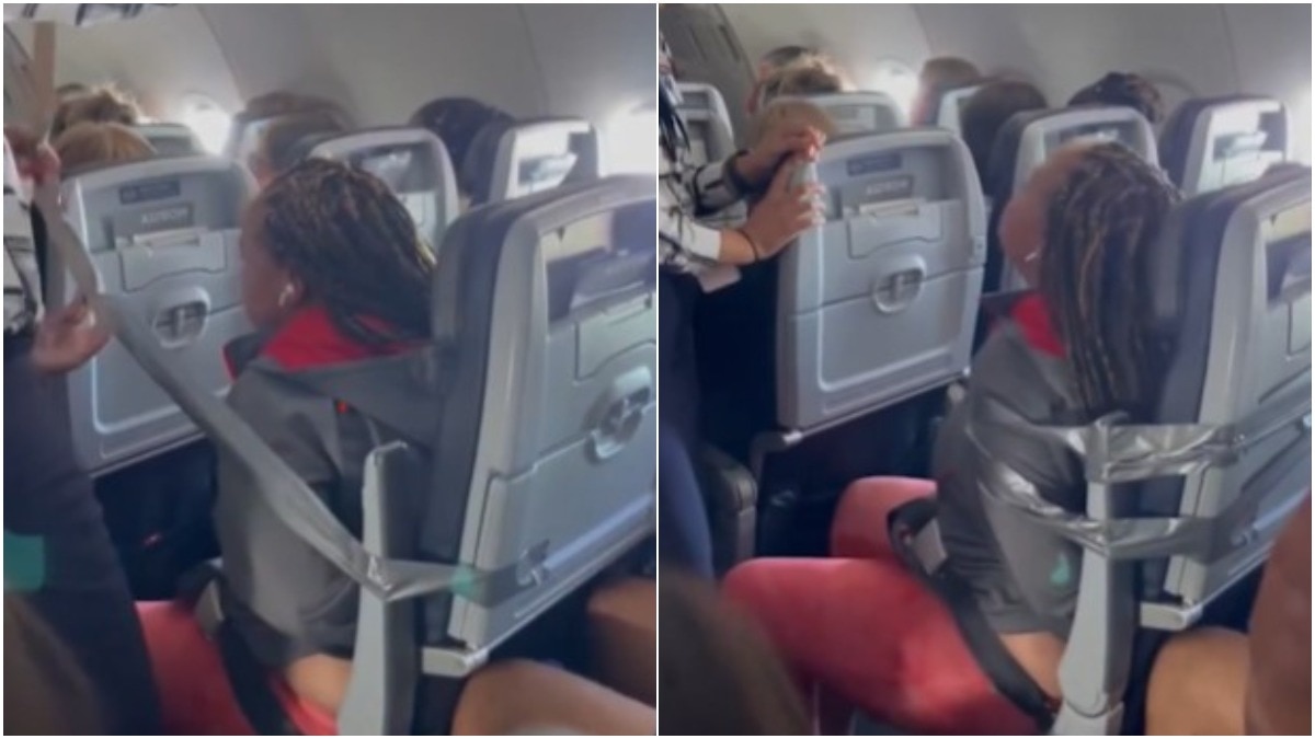 प्लेन में महिला की चीख-पुकार, एयर होस्टेस ने बांधकर किया कंट्रोल, वीडियो वायरल