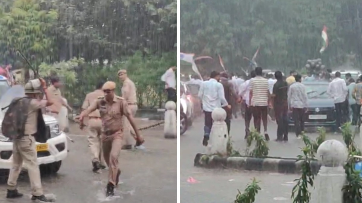 राजस्थान यूनिवर्सिटी में RSS के कार्यक्रम में घुसे NSUI कार्यकर्ता, पुलिस ने  दौड़ा-दौड़ाकर पीटा - jaipur university nsui rss clash police lathicharge  ntc - AajTak