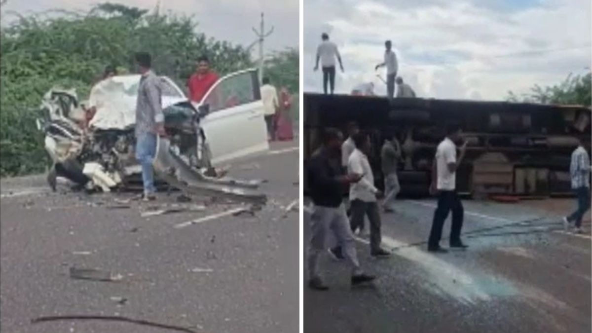 टक्कर होने के बाद पलट गए दोनों वाहन. (Photo: Screengrab)