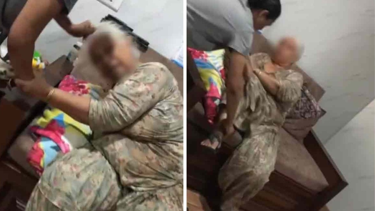 daughter-in-law beating her mother-in-law in front of her son