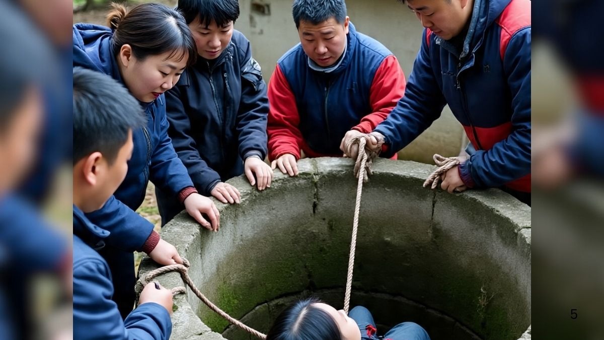 People rescueing woman from well