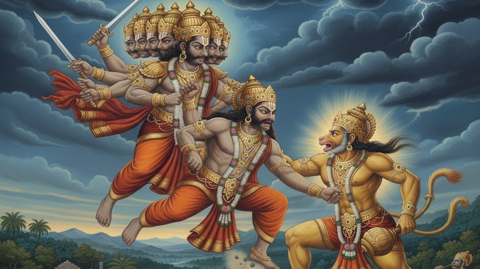 अपनी मायावी शक्तियों और अहंकार में चूर रावण को तीन योद्धाओं को चुनौती देना बहुत भारी पड़ा था. (Photo: AI Generated)