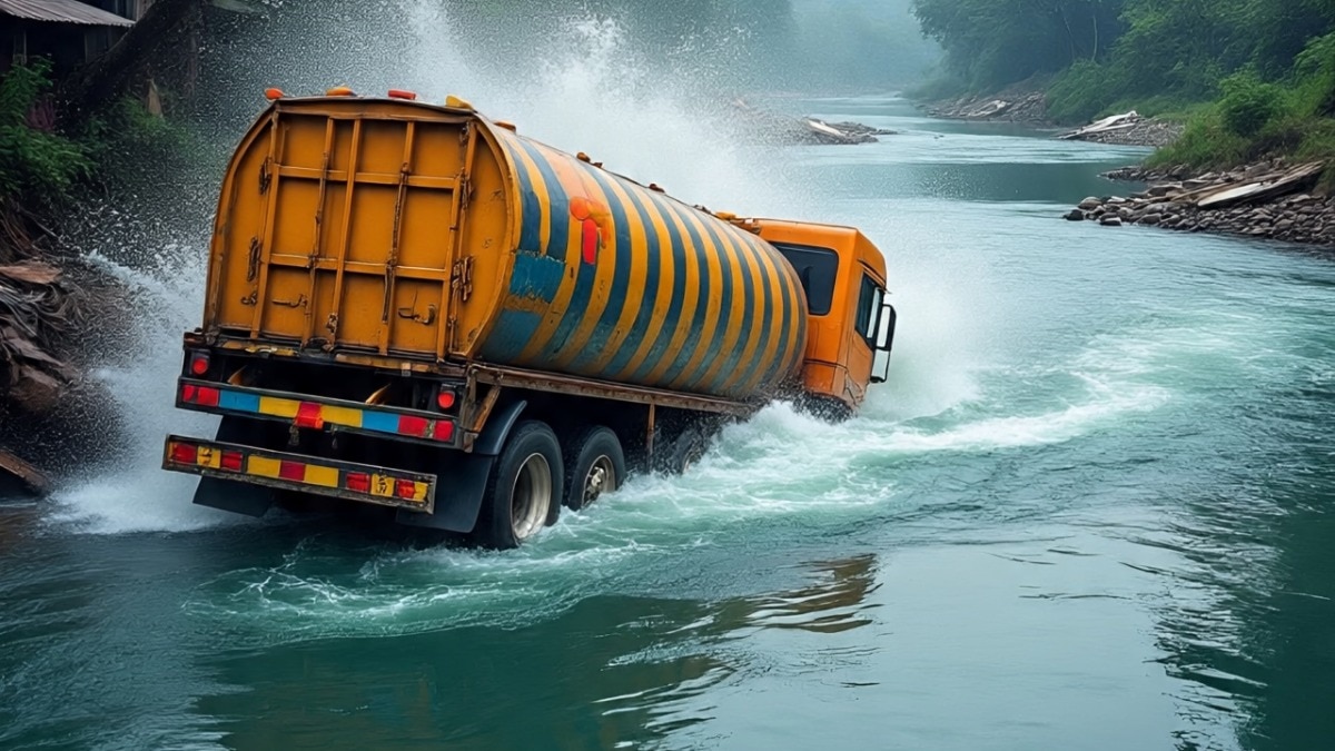 नदी में टैंकर गिरने से दो की मौत  (Photo: AI-generated)