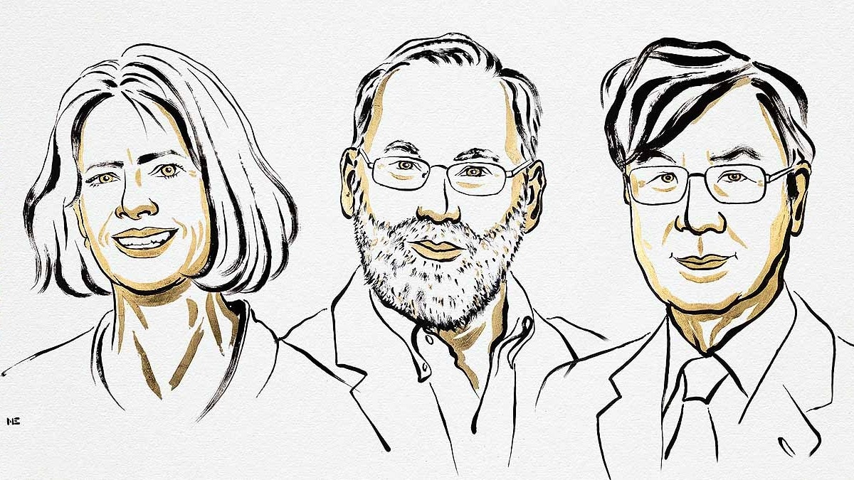 बाएं से- मैरी ई. ब्रंकोव, फ्रेड रैम्सडेल और शिमोन साकागुची. (Photo: X/The Nobel Prize)