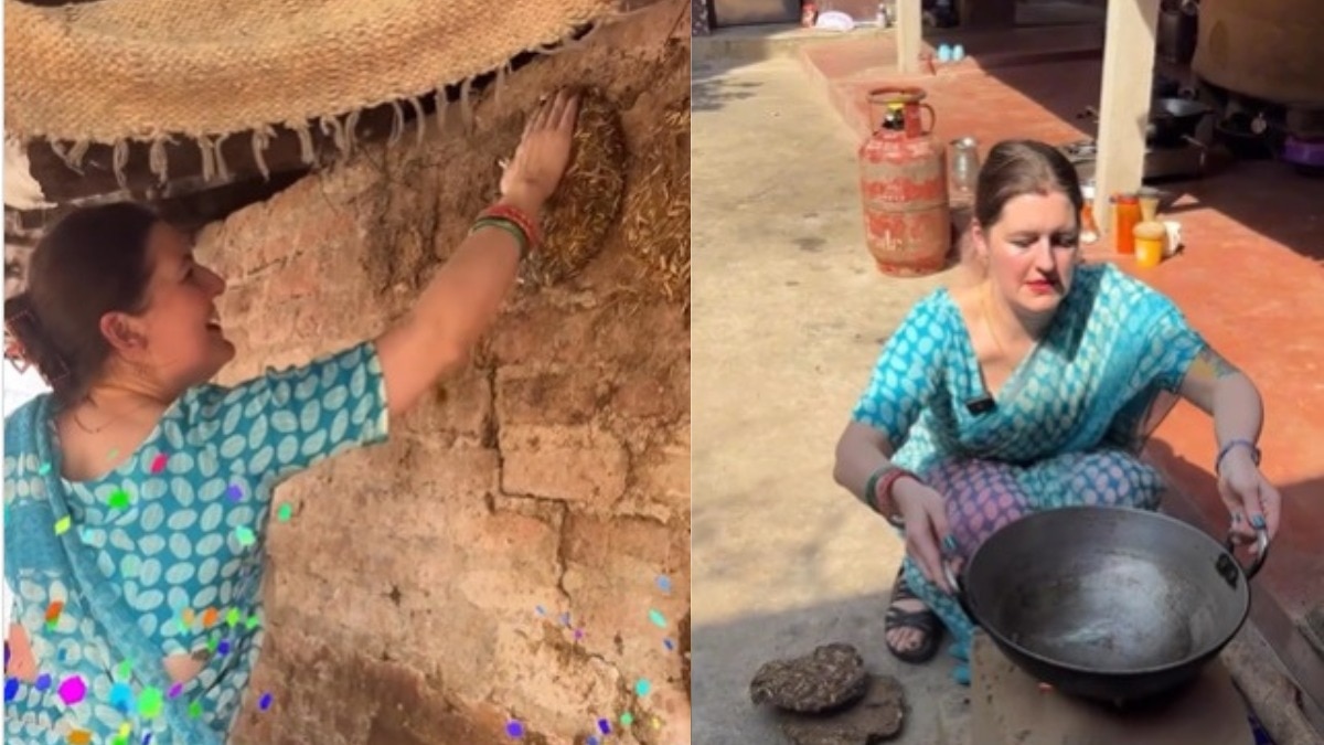 विदेशी महिला बिहार के एक गांव में गोबर के उपले बनाना सीख रही है. (Photo: Instagram\@indiawithjessica)