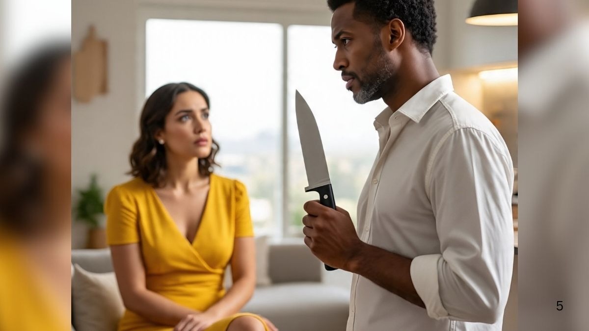 man with knife near woman