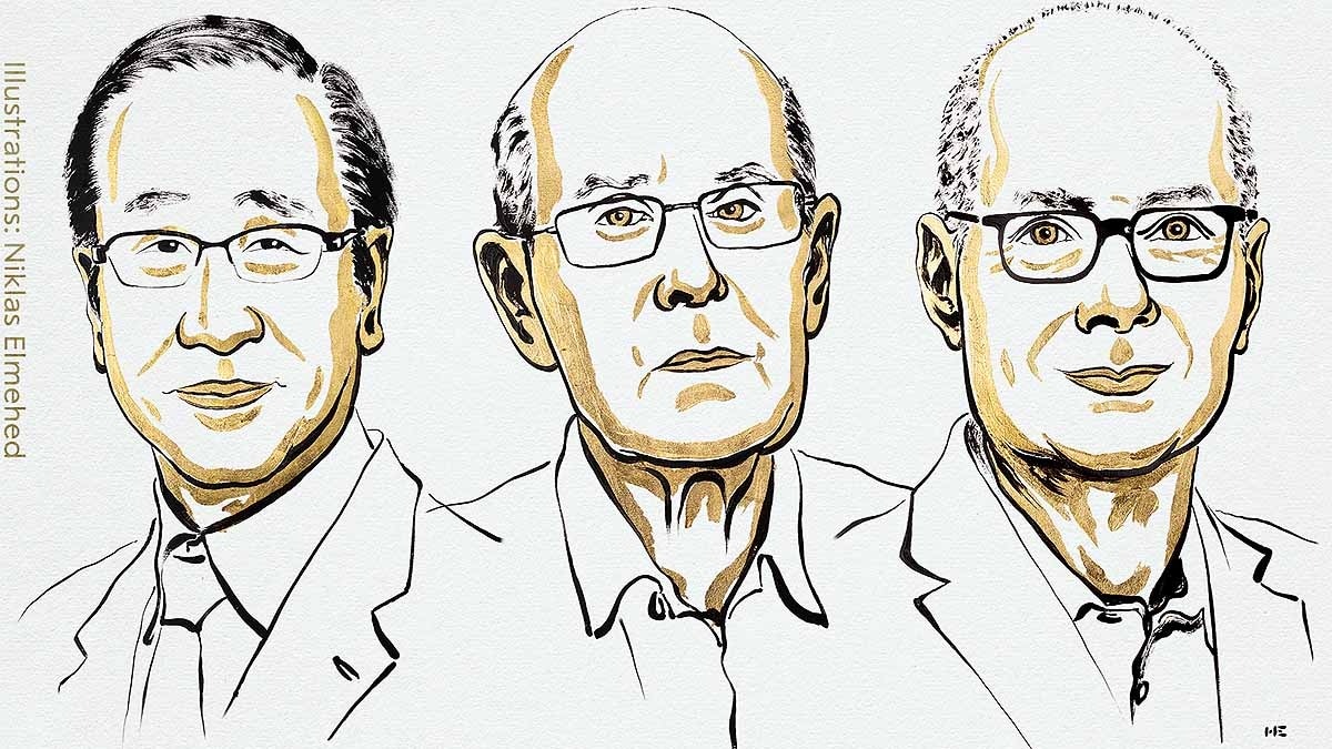 बाएं से- सुसुमु किटागावा, रिचर्ड रॉबसन और ओमार यागी. (Photo: X/The Nobel Prize) 