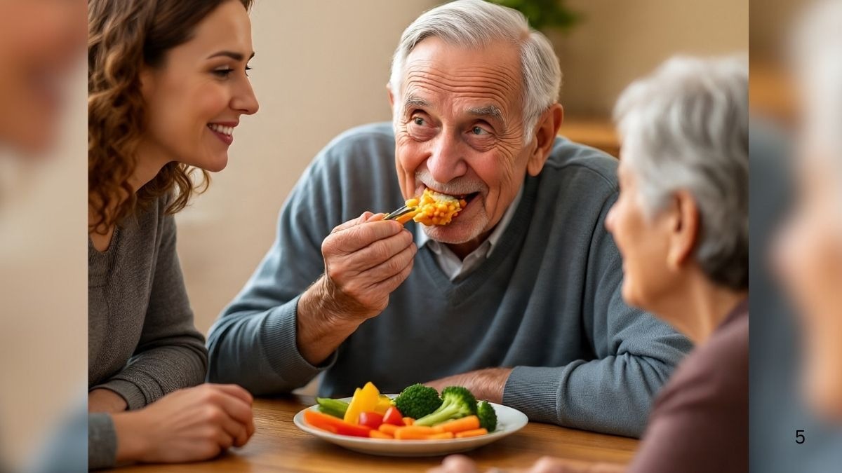elderly man eating vegetables and two women sitting nearby