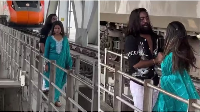 महिला और पुरुष पुल के किनारे बेहद खतरनाक तरीके से चलते हुए रील बना रहे हैं (Photos: @gemsofbabus_/X)