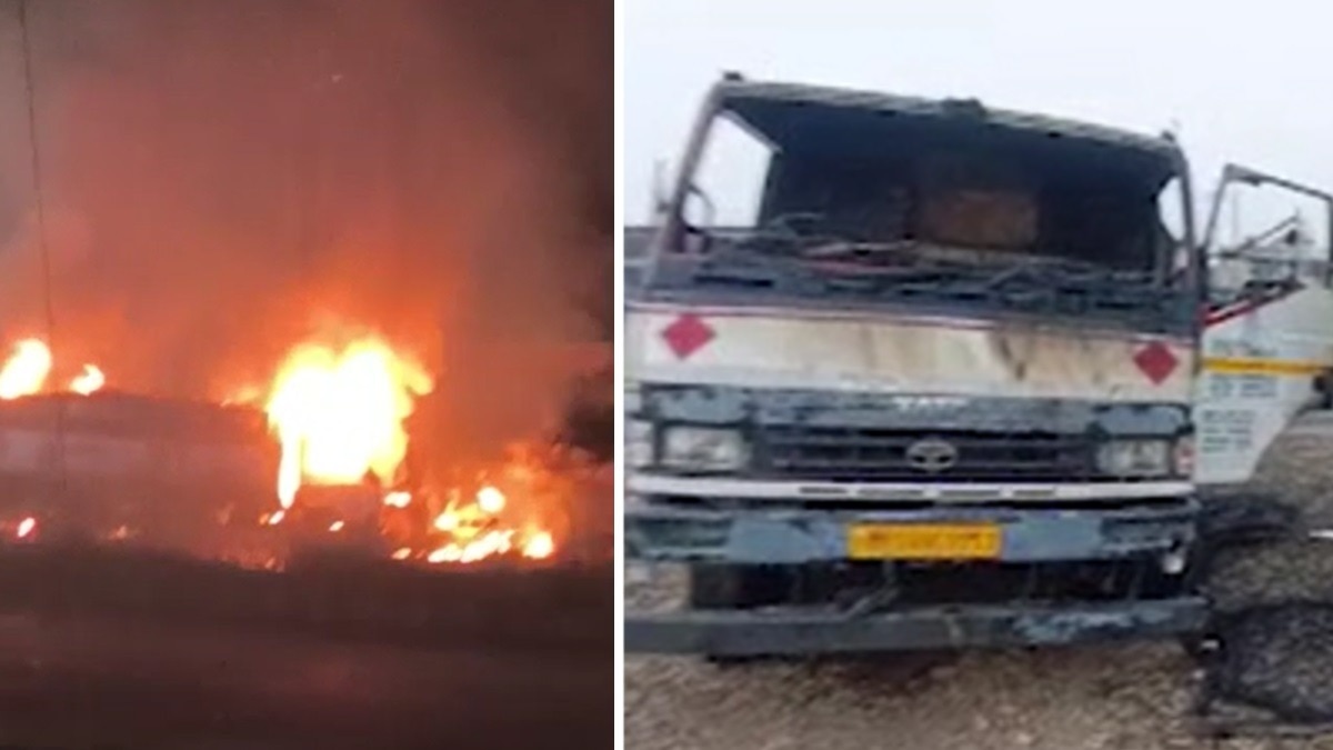 देवास में दो डीजल टैंकरों में लगी आग.(Photo:Screengrab)