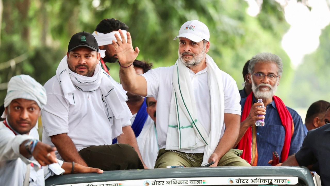File photo shows Rahul Gandhi with Tejashwi Yadav during the 'Voter Adhikar Yatra' in Bihar. (PTI photo)