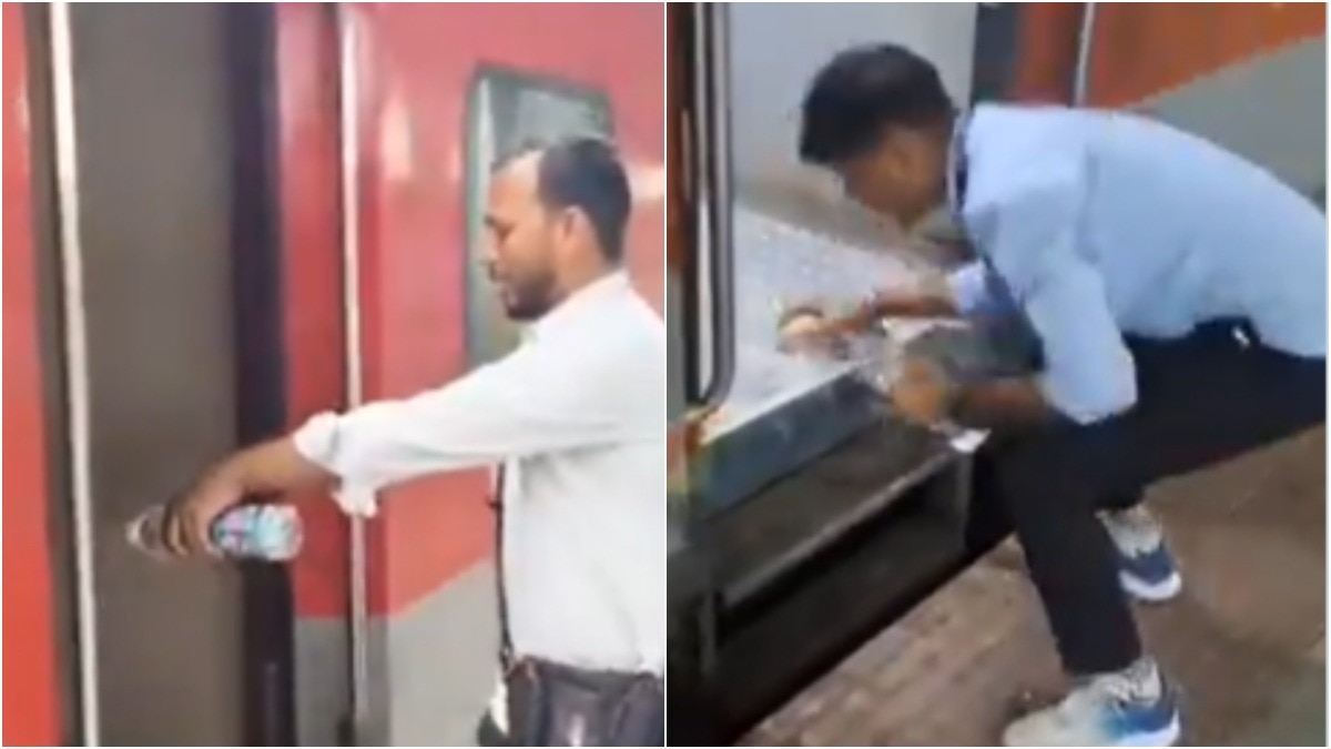 चलती ट्रेन के गेट पर रेलकर्मी ने फोड़ा नारियल, वायरल Video पर छिड़ी ऑनलाइन बहस