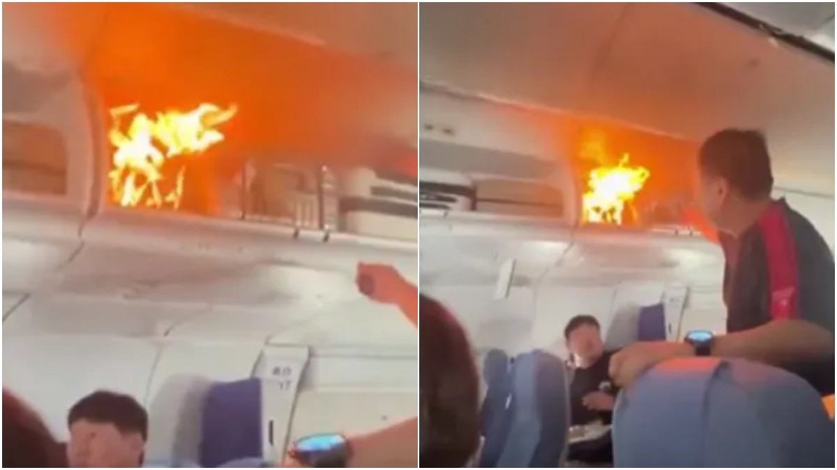हवा में था Air China का विमान, अंदर उठने लगीं आग की लपटें, यात्रियों में फैली दहशत- VIDEO – Air China flight’s overhead bin sparks panic among flyers after Battery fire ntc