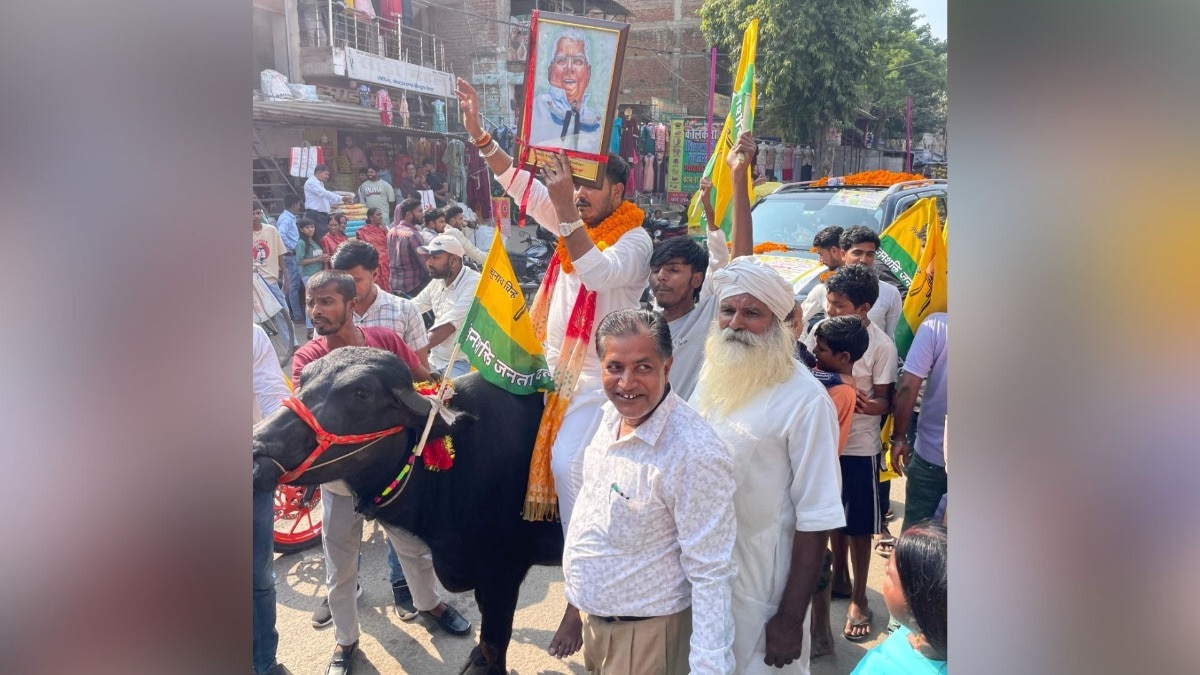 भैंस पर सवार होकर पर्चा भरने पहुंचा प्रत्याशी (Photo: Screengrab)